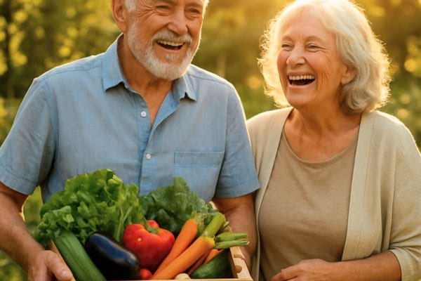 Un couple de seniors (70 ans) dans un jardin ou une cuisine. L'homme porte une caisse de l&eacute;gumes