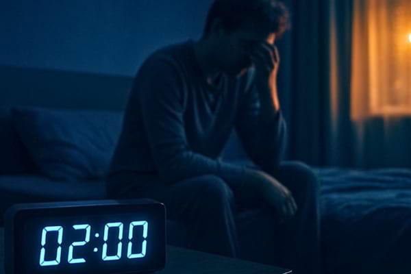 A cozy bedroom at night, dark blue tones. A digital alarm clock on a bedside table displaying "02:00"
