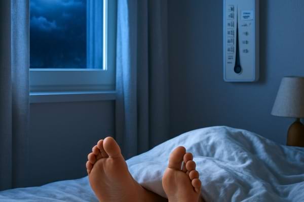A close-up of a person's feet sticking out from under a fluffy white duvet
