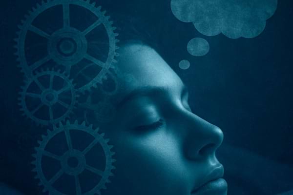 A peaceful sleeping face overlaid with faint, translucent images of clock gears and thought bubbles