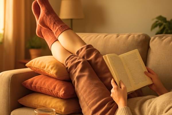A person relaxing in a living room, lying on a comfortable sofa reading a book.