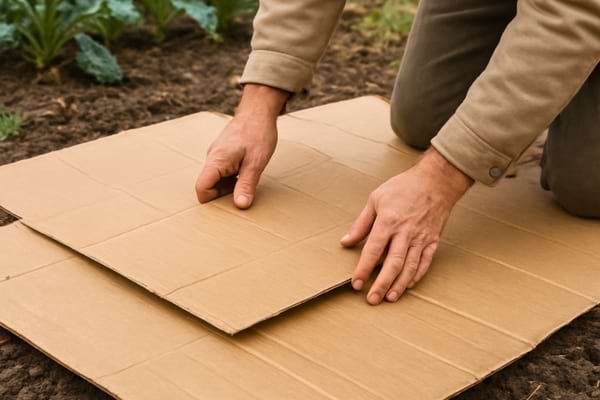 mains de jardinier posant de grands cartons bruns ondul&eacute;s sur une parcelle de potager