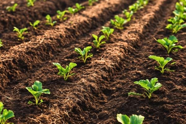 potager au printemps, rangs propres avec paillage en place, sol sombre et souple