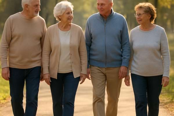 groupe de seniors en marche dans un parc, lumière du matin