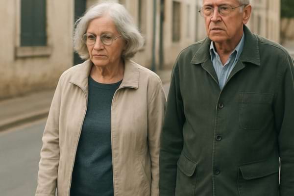 couple senior marchant côte à côte sans se toucher, expression calme