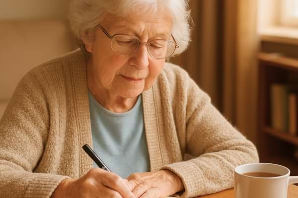 femme senior écrivant dans un carnet chez elle