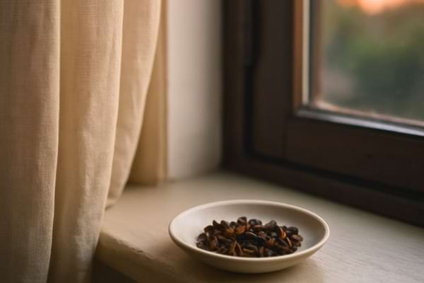 rebord de fen&ecirc;tre int&eacute;rieur au cr&eacute;puscule, une petite soucoupe avec clous de girofle 