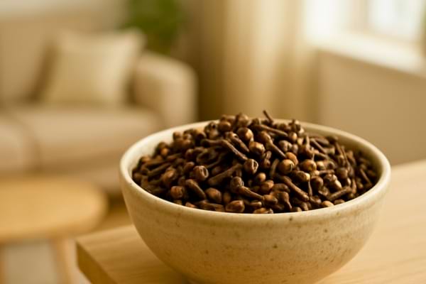 petite coupelle de clous de girofle sur une table basse, ambiance cosy,