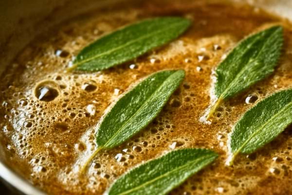 gros plan en lumi&egrave;re naturelle d&rsquo;une po&ecirc;le avec beurre noisette et feuilles de sauge