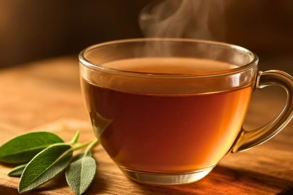  tasse de tisane fumante avec quelques feuilles de sauge &agrave; c&ocirc;t&eacute;