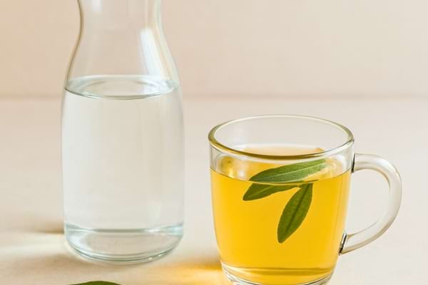 carafe d&rsquo;eau et tasse de tisane avec feuilles de sauge