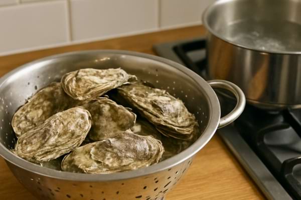 coquilles d’huîtres rincées dans une passoire inox