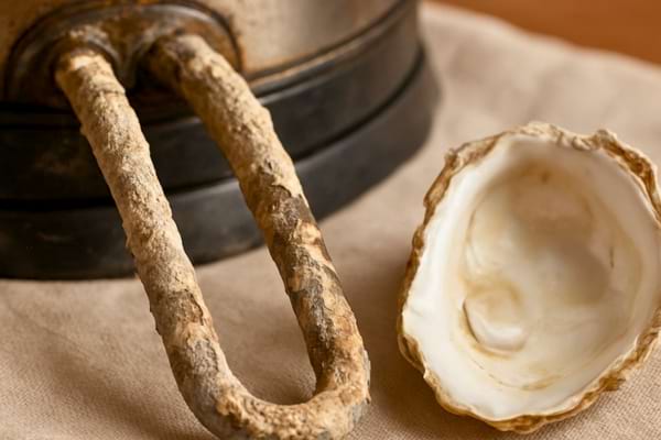 résistance de bouilloire avec dépôt de calcaire, à côté une coquille d’huître propre