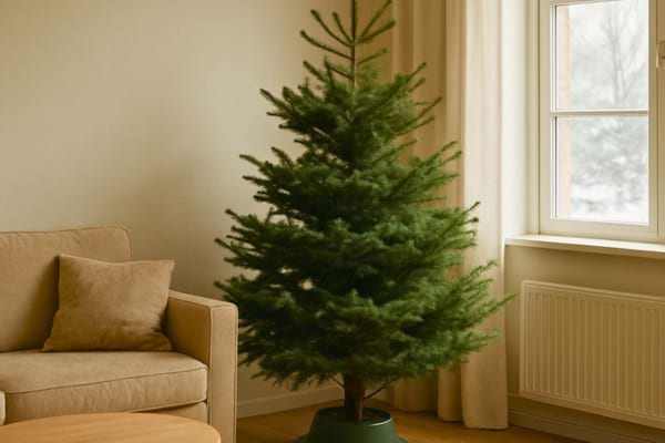 salon après Noël, sapin naturel sans décorations en cours de démontage