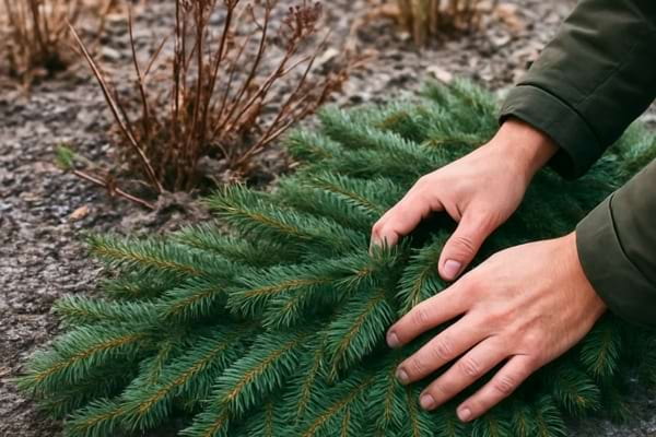 jardin en hiver, mains déposant des branches de sapin en paillage