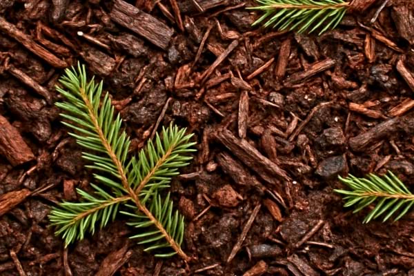 gros plan sur sol de jardin paillé avec petites branches/aiguilles de sapin