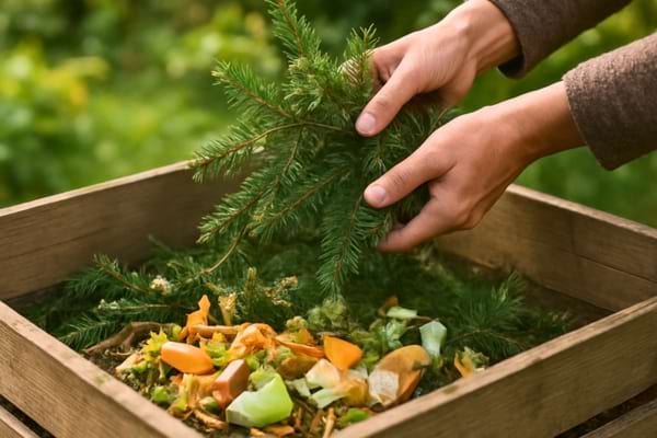 des petits morceaux de branches de sapin mélangés à des déchets de cuisine