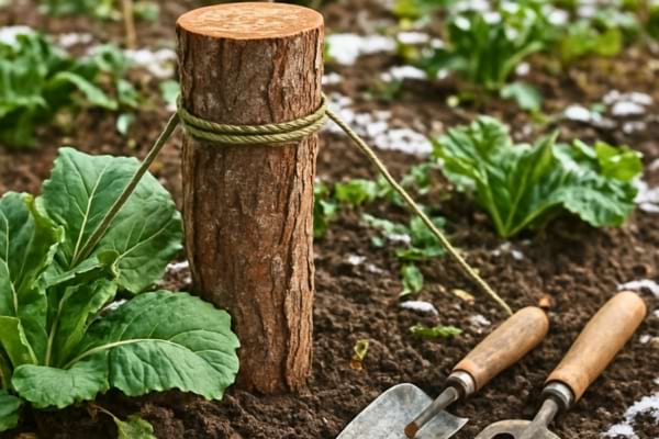 potager en hiver, tronc de sapin coupé utilisé comme tuteur