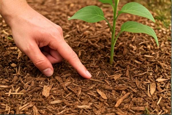 main montrant un espace laissé autour du collet d’une plante avec paillage de sapin autour