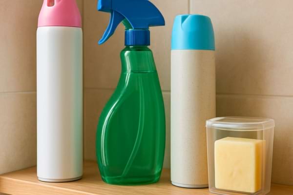 une &eacute;tag&egrave;re de WC avec sprays d&eacute;sodorisants et blocs parfum&eacute;s