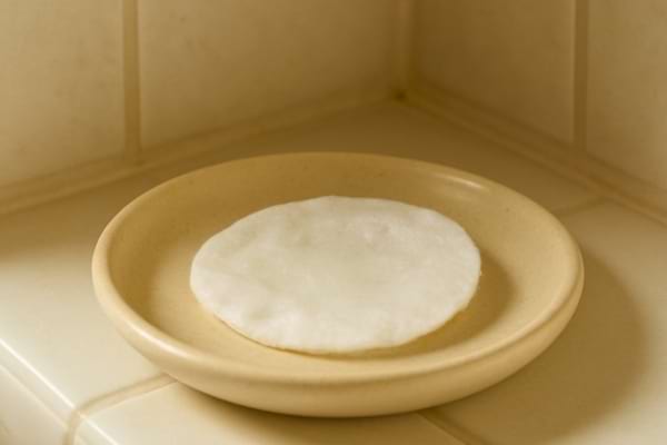 un petit disque de coton sur une soucoupe, imbib&eacute; (aspect l&eacute;g&egrave;rement humide)