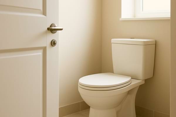 un WC propre, minimal, porte entrouverte, lumi&egrave;re naturelle apaisante