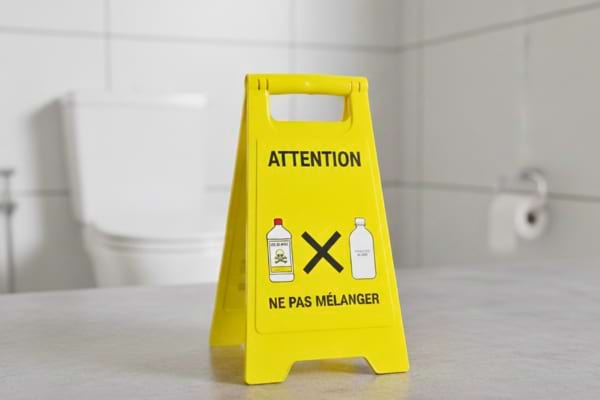 un panneau &ldquo;attention&rdquo; nettoyage : bouteille de javel d&rsquo;un c&ocirc;t&eacute;, vinaigre de l&rsquo;autre