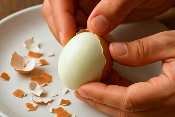 main qui &eacute;pluche un &oelig;uf dur au-dessus d&rsquo;une assiette