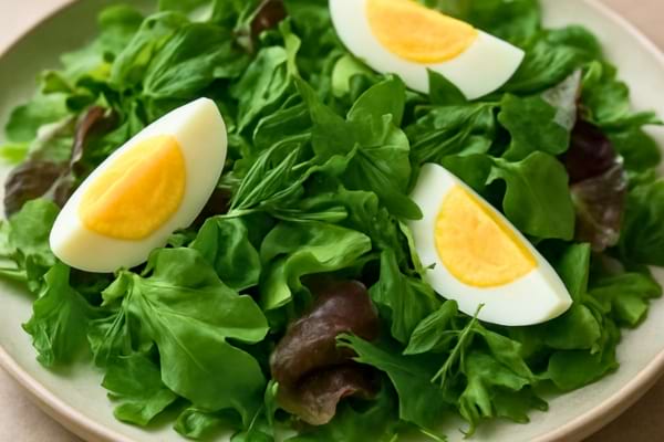 assiette de salade compos&eacute;e avec quartiers d&rsquo;&oelig;ufs durs parfaits,