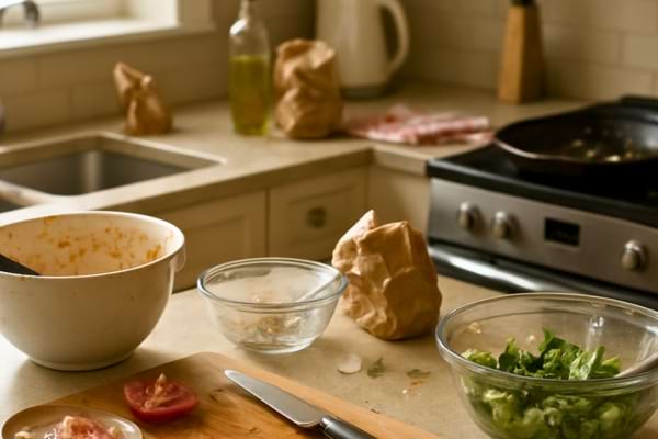 une cuisine familiale apr&egrave;s pr&eacute;paration d&rsquo;un repas, plan de travail encombr&eacute; 