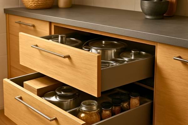 un meuble bas avec tiroirs ouverts montrant des rangements coulissants