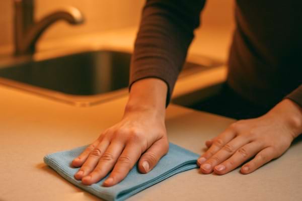 Une personne essuyant un plan de travail propre