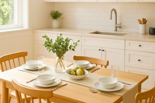 une cuisine propre et accueillante avec une table dress&eacute;e simplement