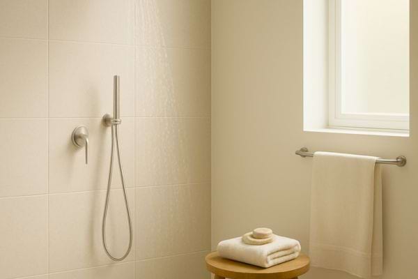 douche murale minimaliste avec robinet chromé, serviette propre et tabouret bois dans une salle de bain lumineuse