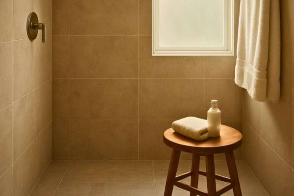 douche minimaliste vide avec tabouret bois serviette pliee et flacon de soin