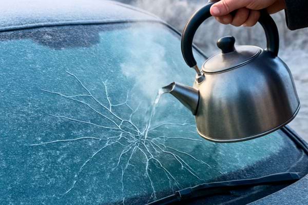 Une bouilloire verse de l’eau chaude sur un pare-brise gele, provoquant une fissure importante.