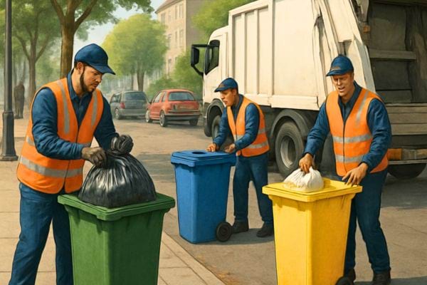 Des eboueurs trient et ramassent des poubelles de couleurs devant leur camion dans une rue residentielle.