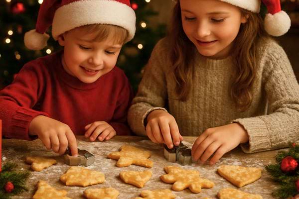 Deux enfants découpent des biscuits de Noël avec des emporte-pièces.