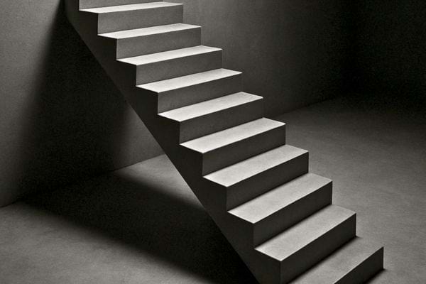 Escalier moderne suspendu dans un espace gris minimaliste suggerant simplicite, elegance et introspection.