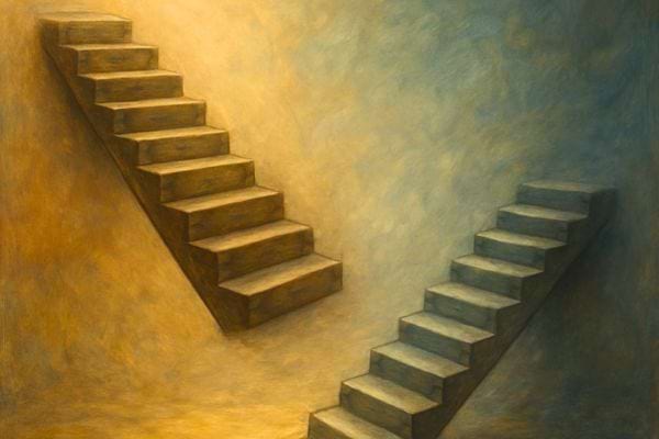 Deux escaliers opposés, l’un lumineux et l’autre sombre, representent un choix difficile entre deux directions possibles.