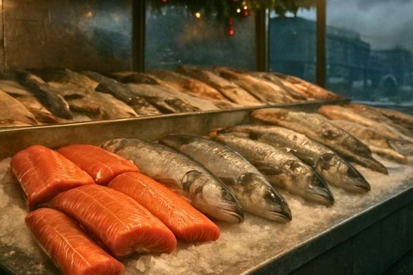 Filets de saumon et poissons entiers alignes sur glace dans un etal de marche
