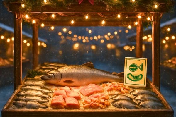 Etal de poisson sous lumieres de noel avec poissons entiers et filets exposes sur glace