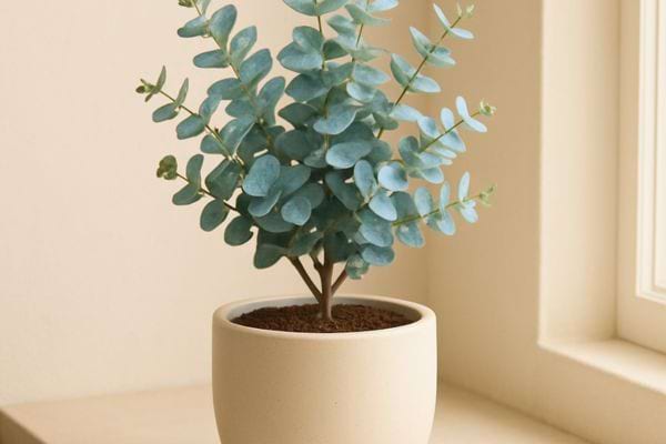 Un petit eucalyptus en pot blanc placé sur un rebord de fenêtre lumineux.