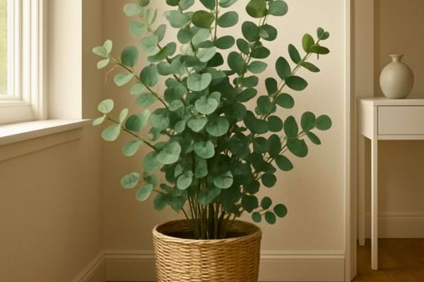 Un grand eucalyptus en pot tressé posé près d’une fenêtre dans une pièce lumineuse.