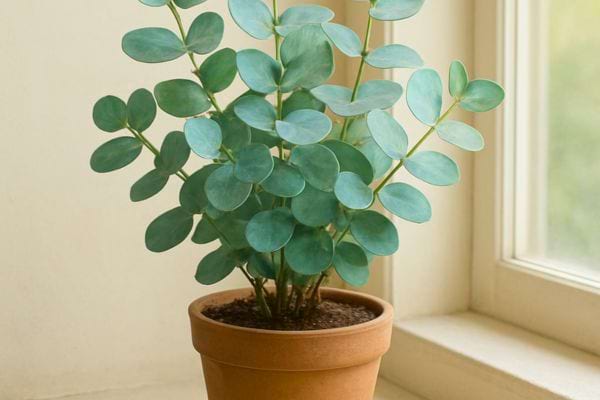 Un eucalyptus en pot en terre cuite installé près d’une fenêtre, baigné de lumière naturelle.