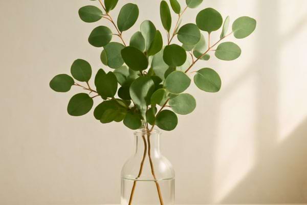 Des tiges d’eucalyptus fraîches dans un petit vase en verre rempli d’eau.