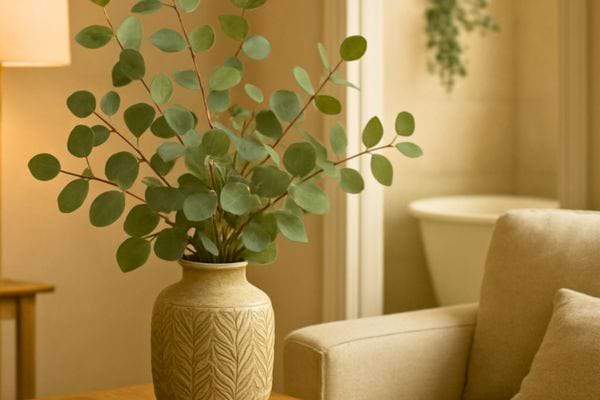 Un bouquet d’eucalyptus dans un vase décoratif posé sur une table de salon.