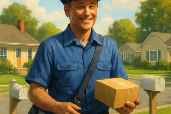 Un facteur souriant remet un colis devant une maison dans un quartier calme et ensoleille.