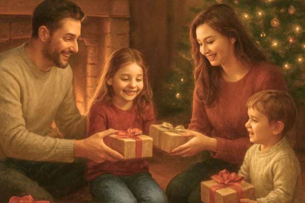 Une famille reunie pres du sapin s’offre des cadeaux avec joie dans une ambiance festive et chaleureuse.