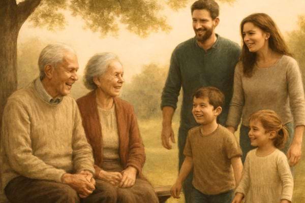 Grands parents parents et enfants sourient ensemble a l exterieur lors d un moment familial chaleureux.